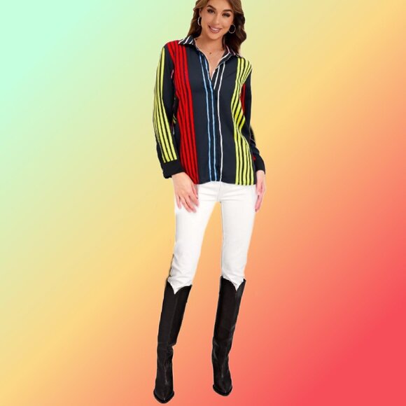 MARELLA Black Multicolor Striped Long Sleeve Button-Up Collared Blouse Sz XL - Picture 2 of 6